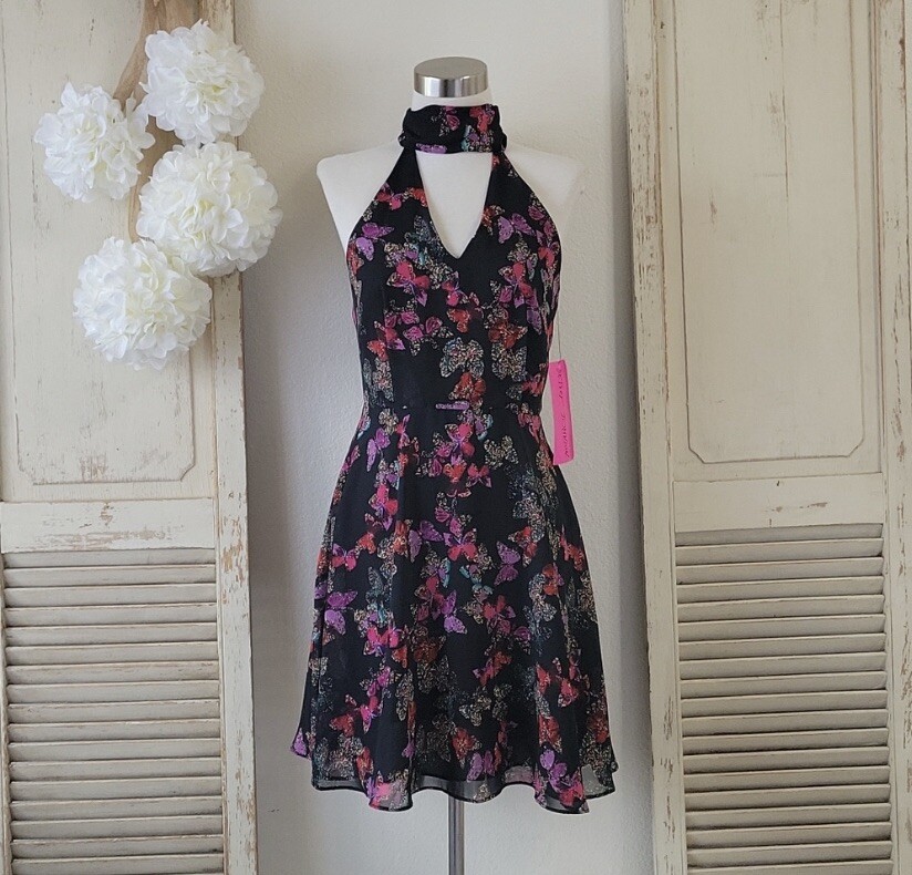 Betsey Johson halter black multi butterfly, flare dress women’s size 0