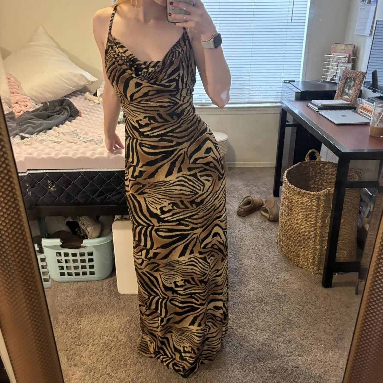Y2K Tiger Print Maxi Dress Arianna Rachel Kaye Cowl Neck