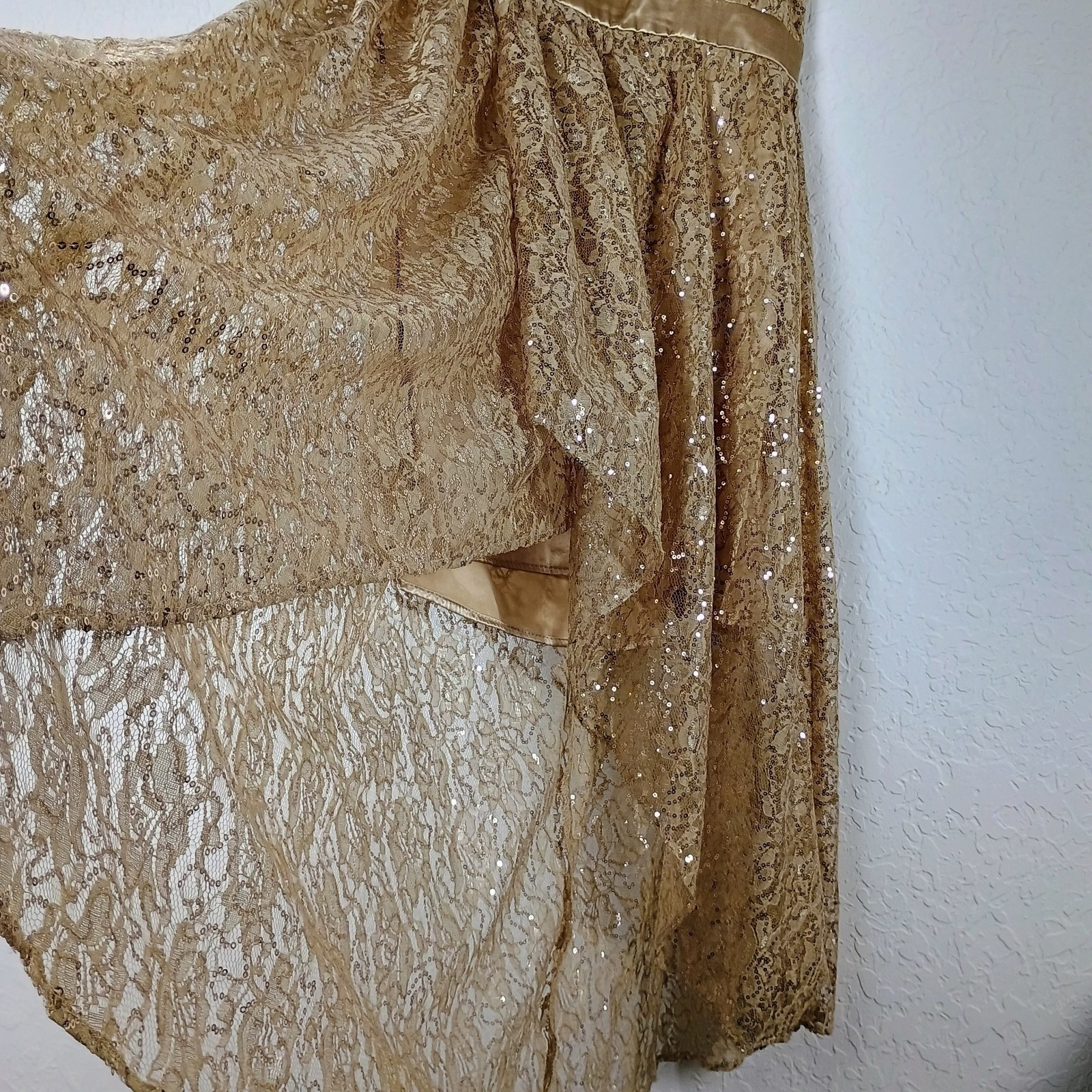 Jump Apparel Gold Sequin Lace Strapless Hi Low Dress Formal Evening Sz 13/14