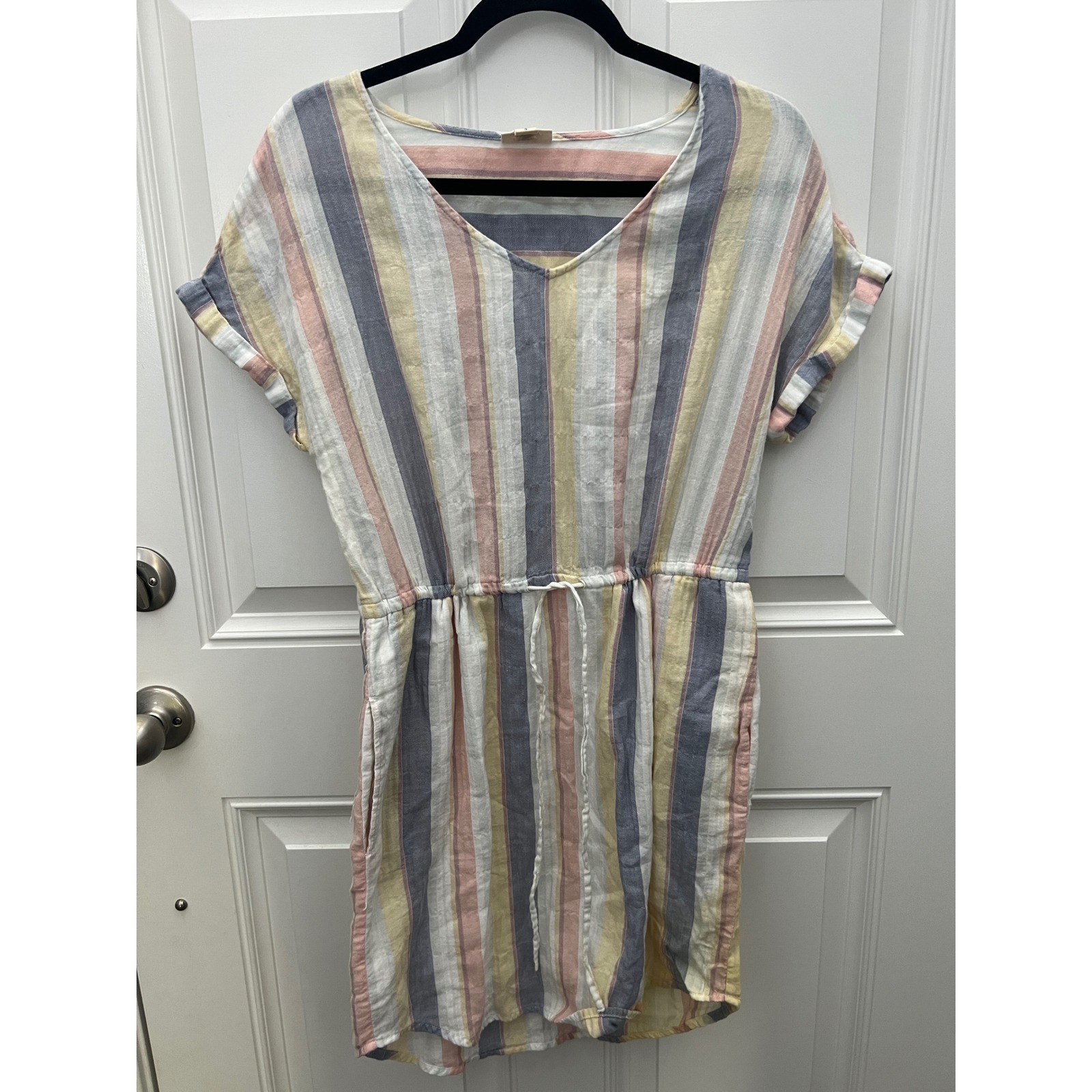 ANA a new approach Striped Drawstring Waist Dress V-Neck Pockets Small Multi