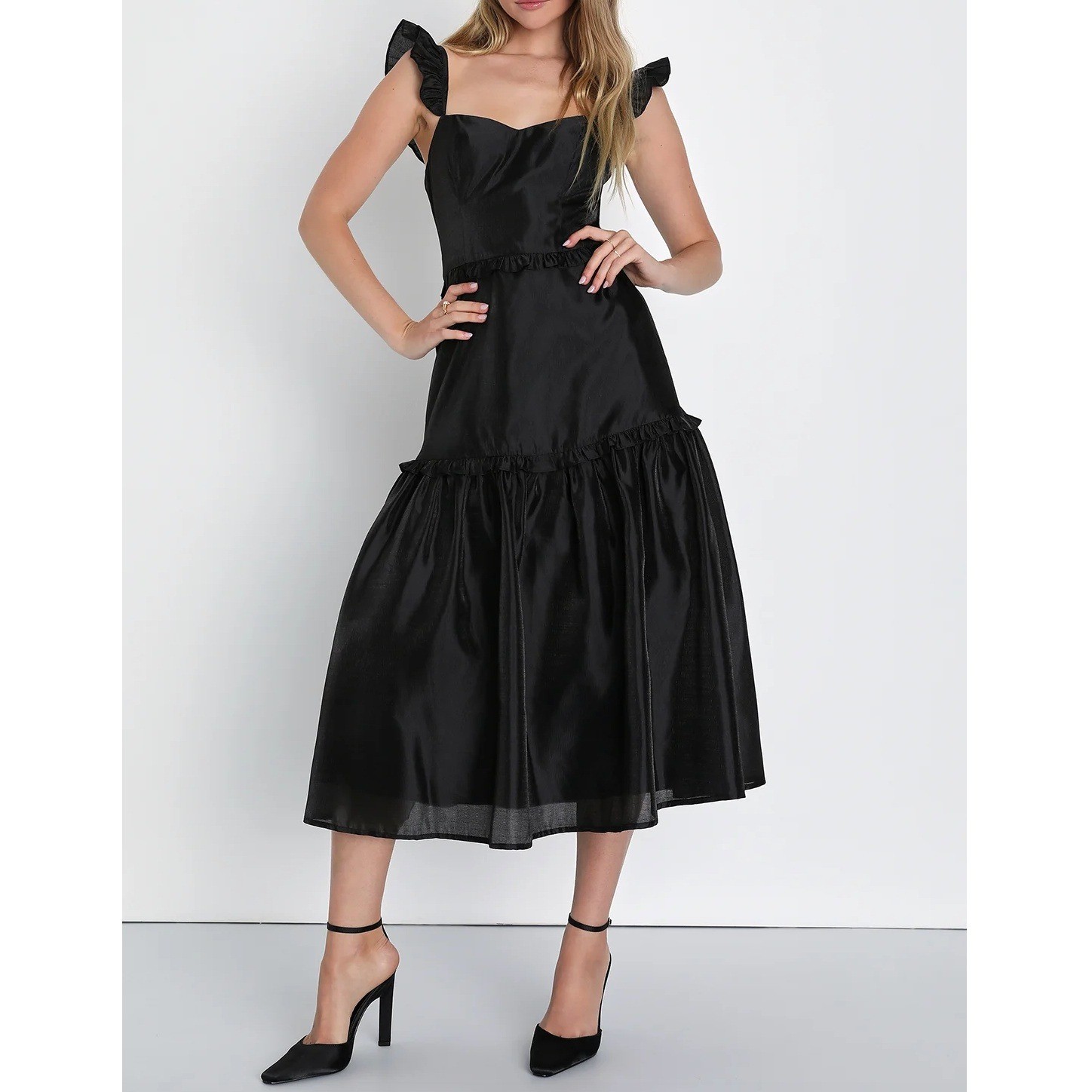Lulus Effervescent Aesthetic Black Tiered Ruffled Midi Dress XL Event Party