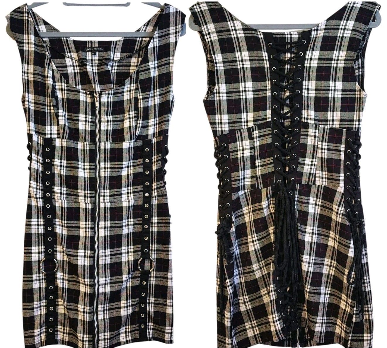 Hell Bunny Size Large Black White Plaid Corset Dress O-Rings Lace Up Sides Back