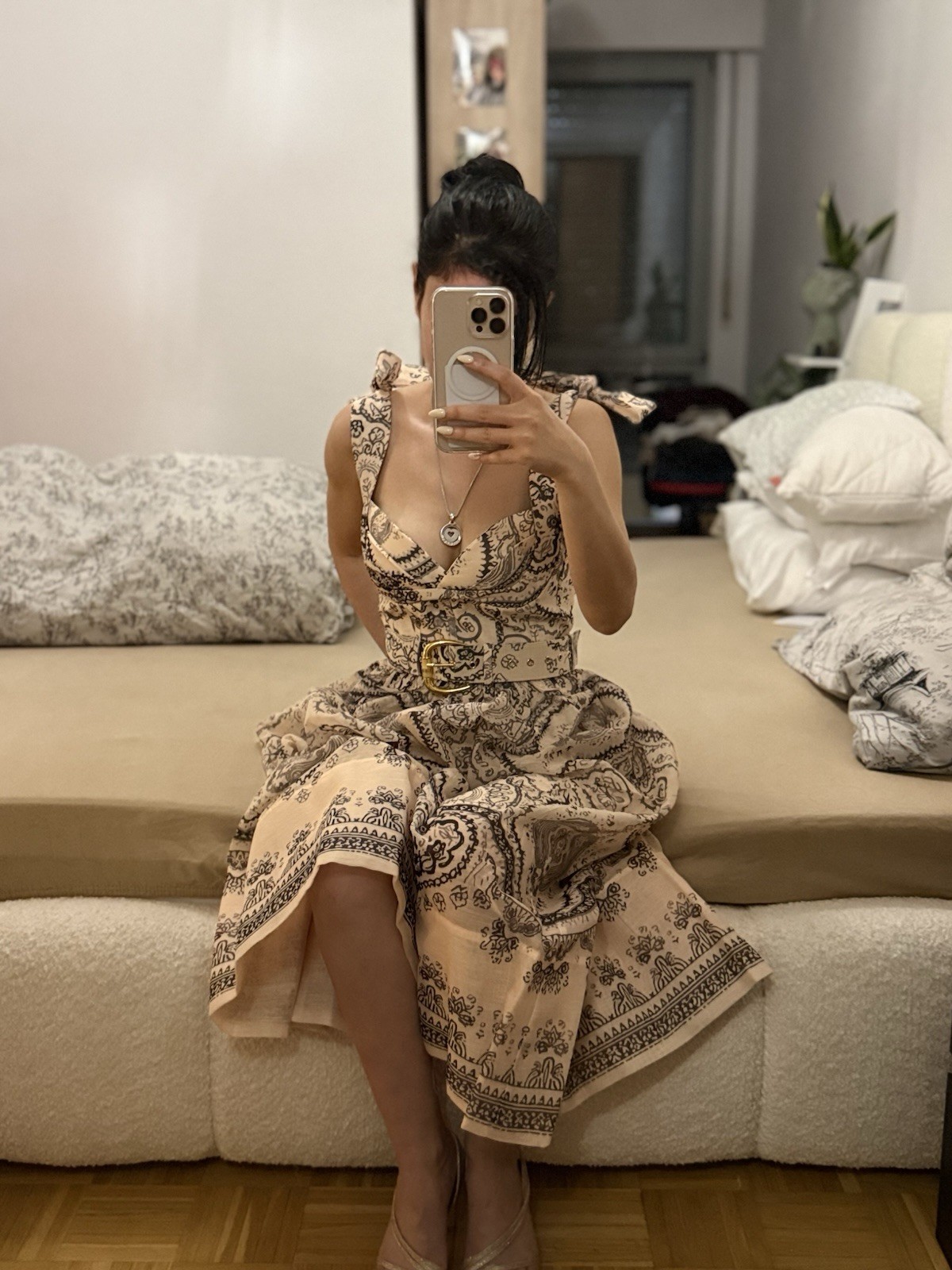 ZIMMERMANN Womens Midi Summer Dress S Beige/Black Paisley Sleeveless Belted