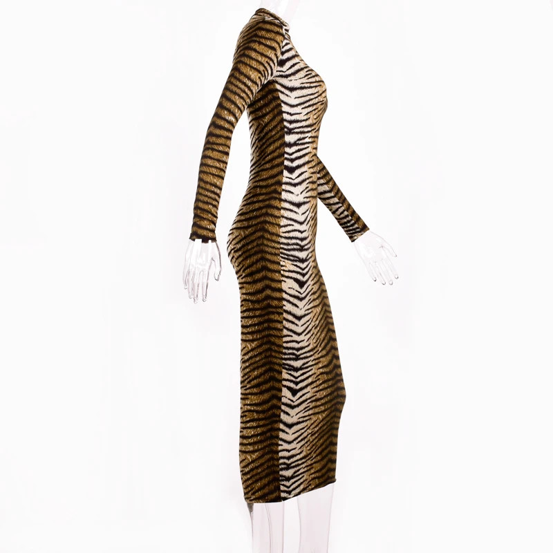 leopard print long sleeve slim bodycon sexy dress autumn winter women streetwear
