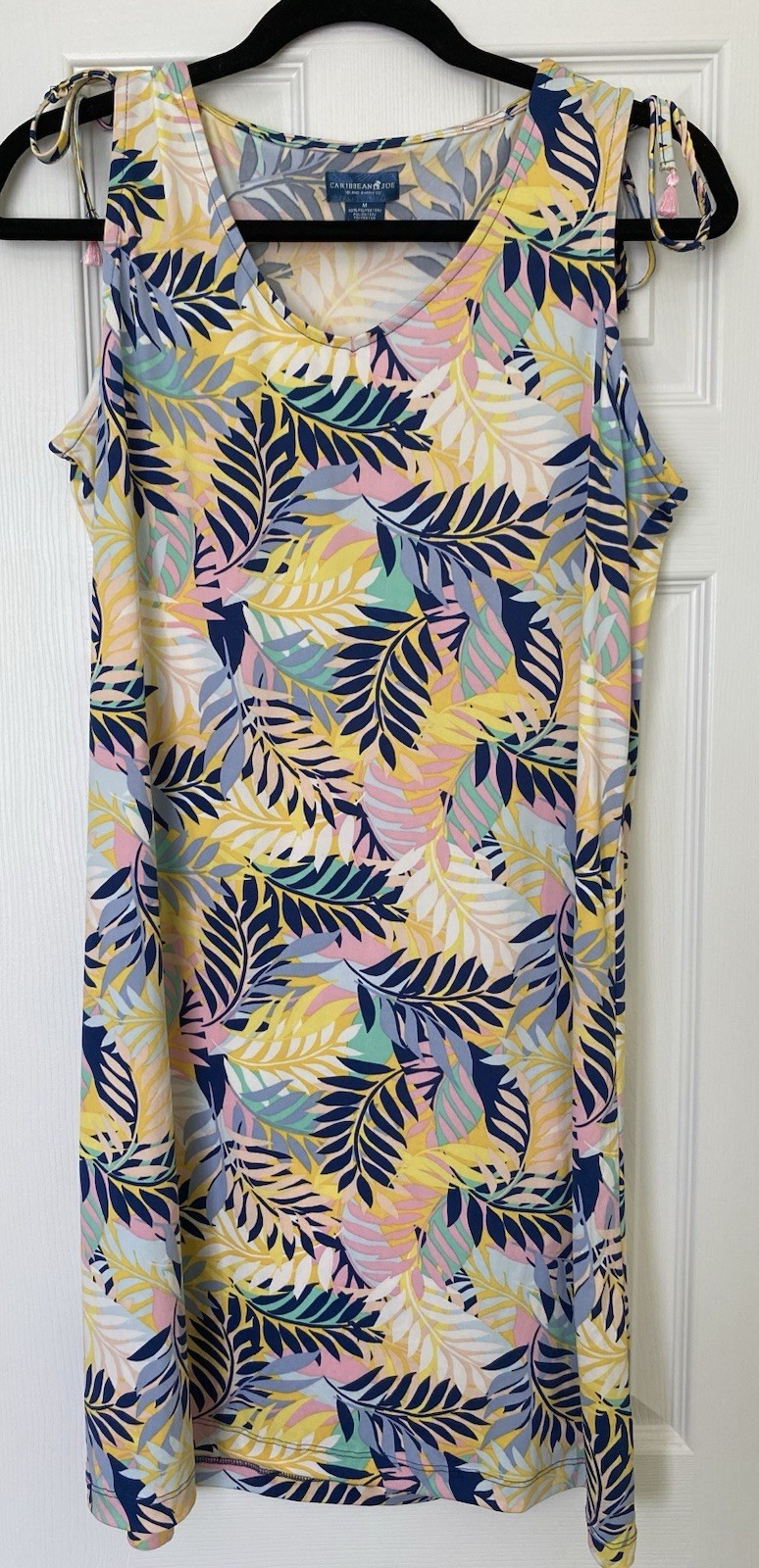 Caribbean Joe Tropical Palm Leaf Dress M Sleeveless Shoulder Tie Resortwear