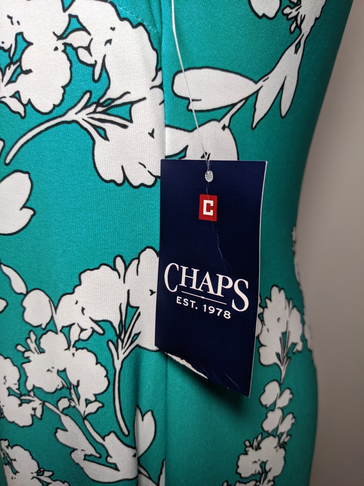 NWT CHAPS Floral Jersey Sheath Dress Green Blue White Stretch Sleeveless Sz 10