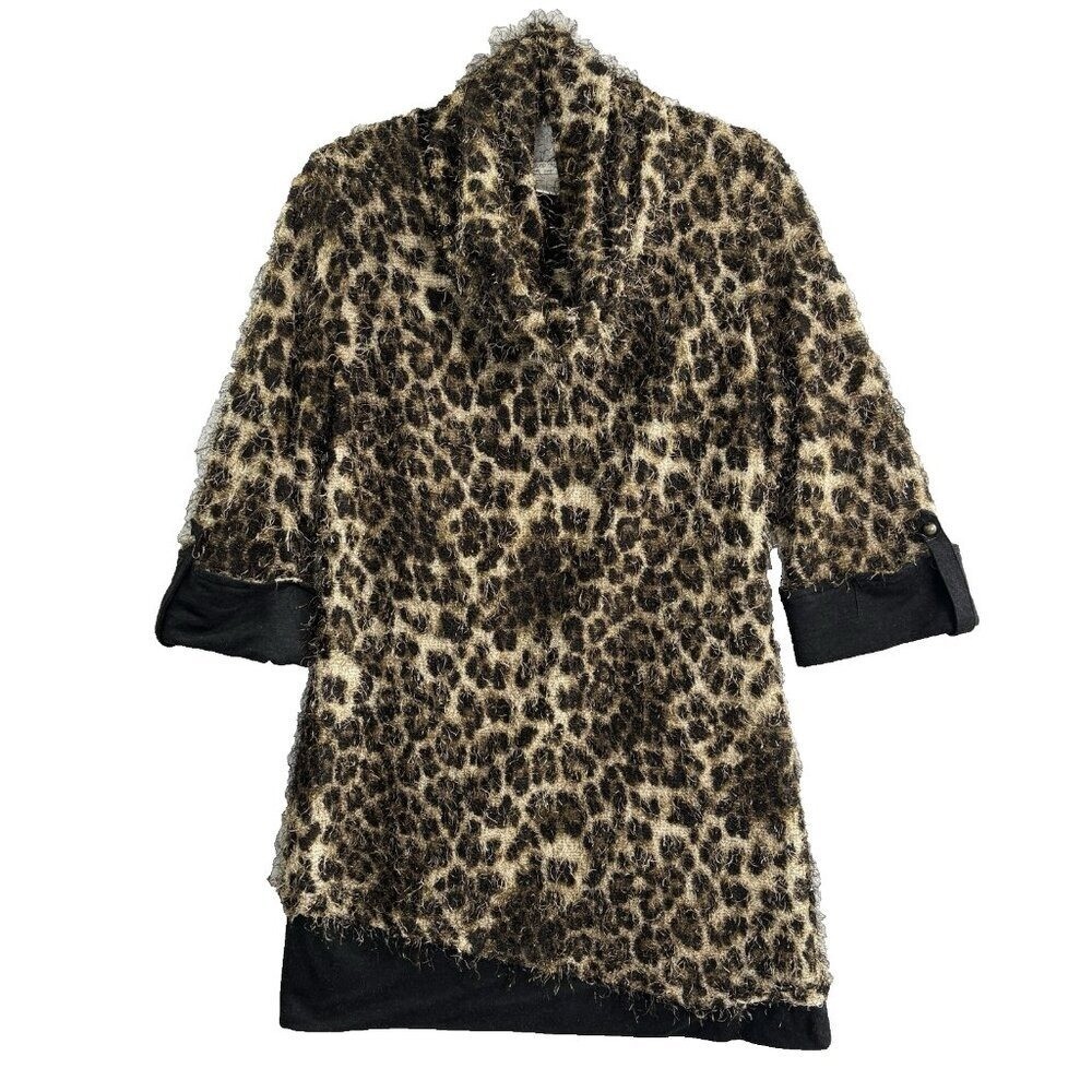 ALBERTO MAKALI Women Fuzzy Leopard Print Cowl Neck Tunic Sz L Brown 46-27