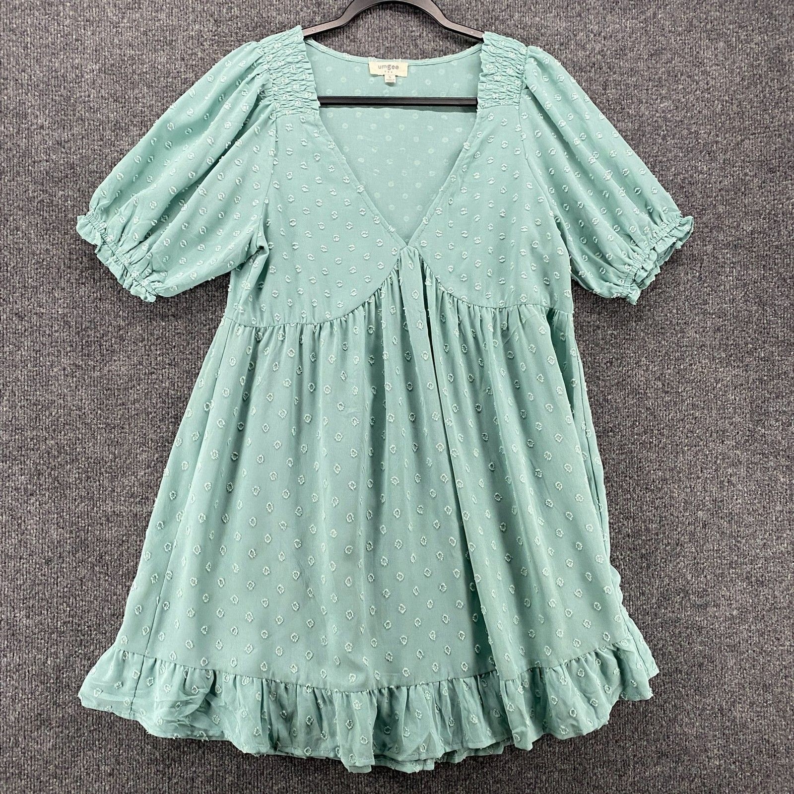 UMGEE Dress Womens S Green V-Neck Short Sleeve Babydoll Cottagecore Coquette