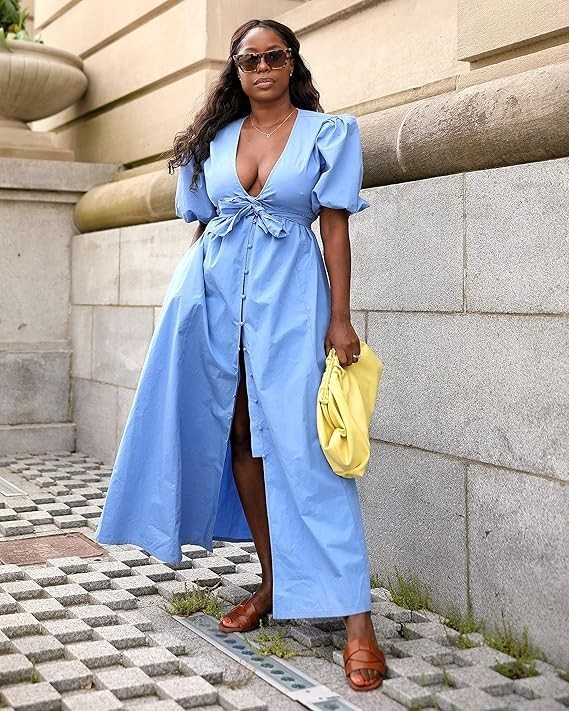 NWT The Drop Cornflower Blue Puff-Sleeve Front-Bow Button-Down Maxi Dress XXL