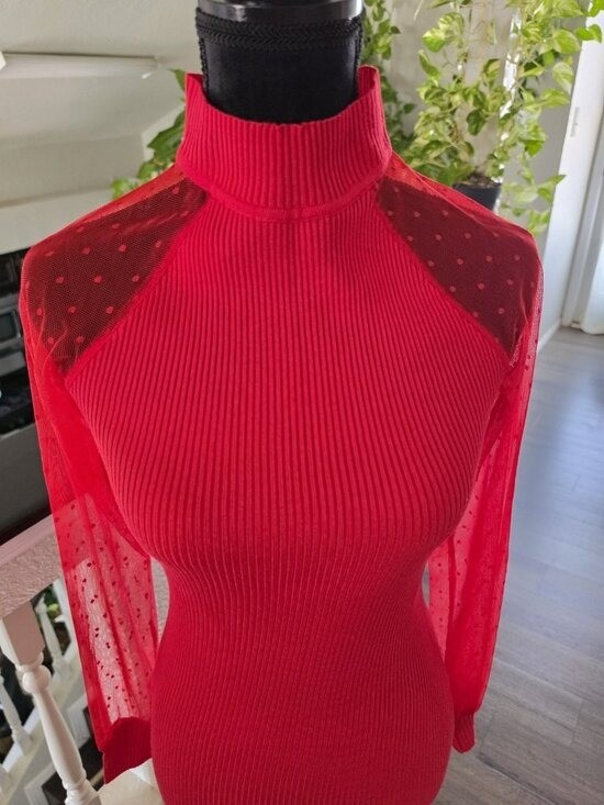 ALMOST FAMOUS Red Ribbed Knit Turtleneck Sheer Sleeve Bodycon Dress Size S