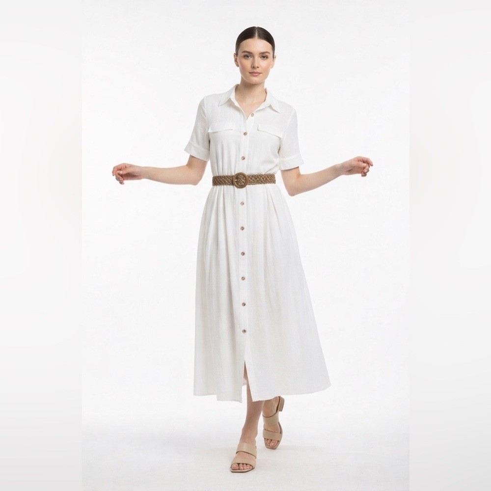 White Button-Down Midi Dress with Belt | Chic Classic Summer Dress
