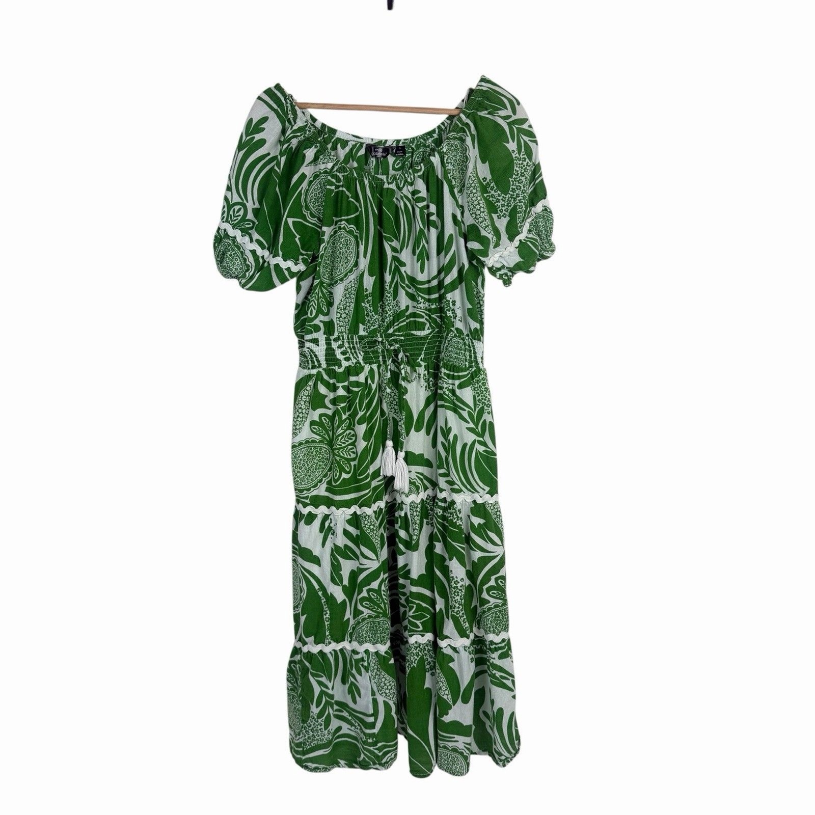 Mile Gabrielle Midi Dress L Green White Floral Tasseled Peasant Cottagecore Boho