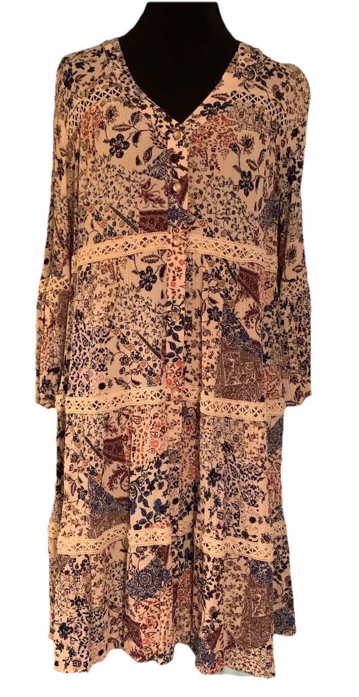 Knox Rose Dress Boho Hippie Floral Cottage Prairie 3/4 Sleeve Tiered Dress Sz L