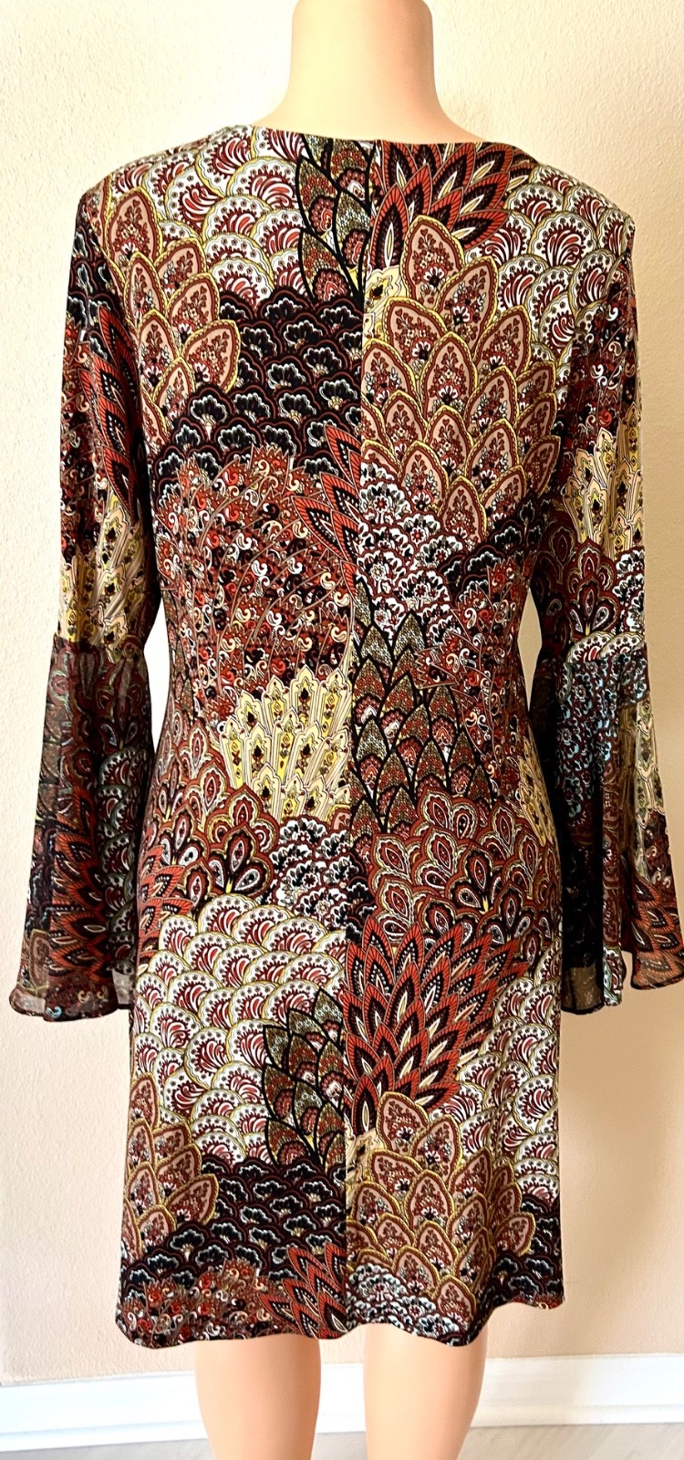 MSK Peacock-print Sheer-Bell-sleeve Multicolor Stretchy-Fabric Shift Dress M