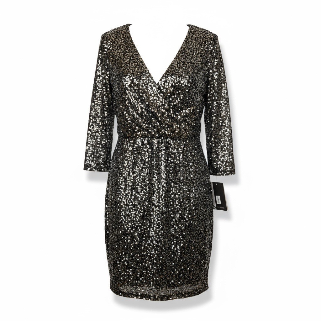 JS Boutique Black Silver Sequin Surplice Mini Cocktail Dress Women’s 6 – NWT