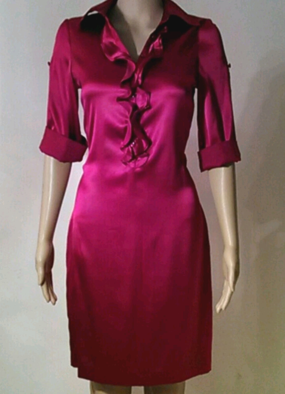 Express Design Studio Pink Silk Satin Ruffle Shirt Dress Collared 3/4 Sleeve S