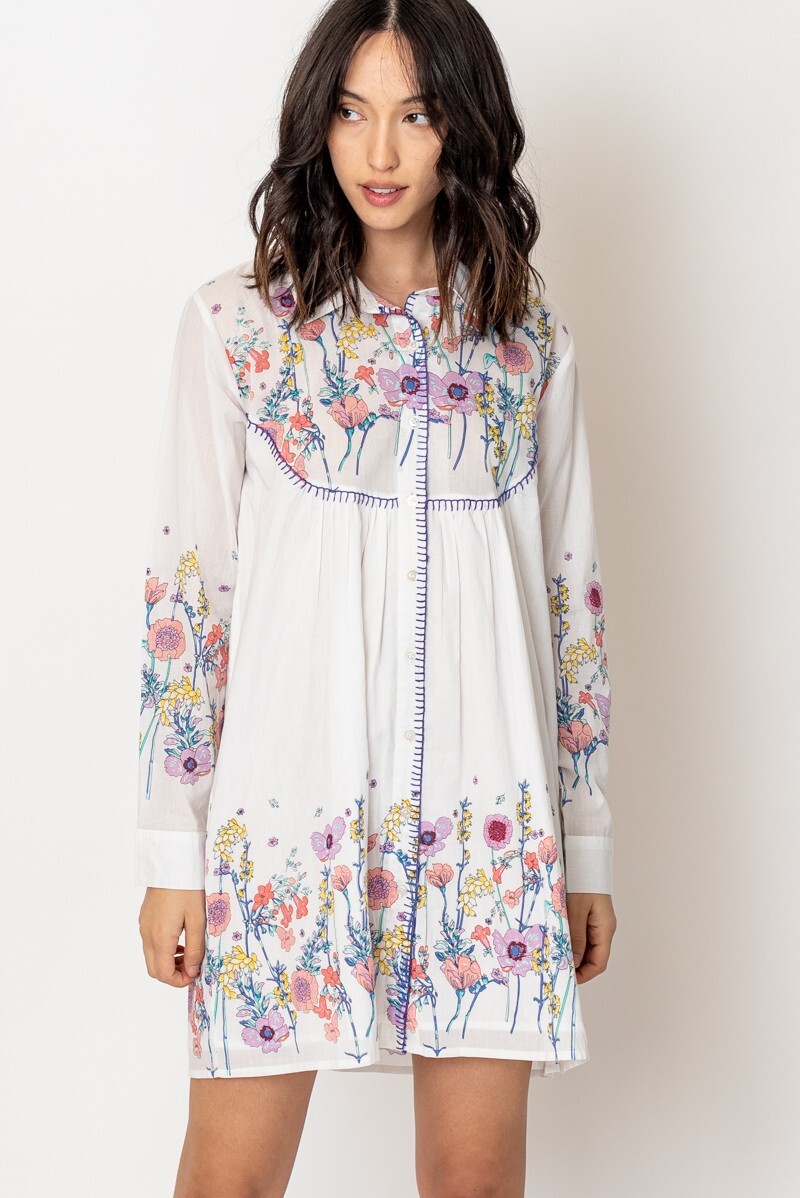 En Creme Women’s Floral Blooms Stitched Detail Long Sleeve Mini Dress