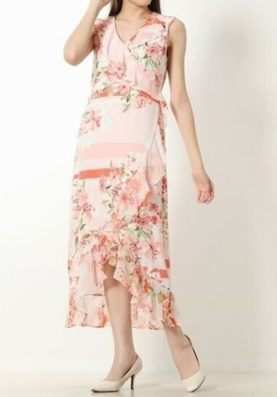 Calvin Klein Pink Floral Ruffled Asymmetrical Maxi Dress Fairycore See Pics