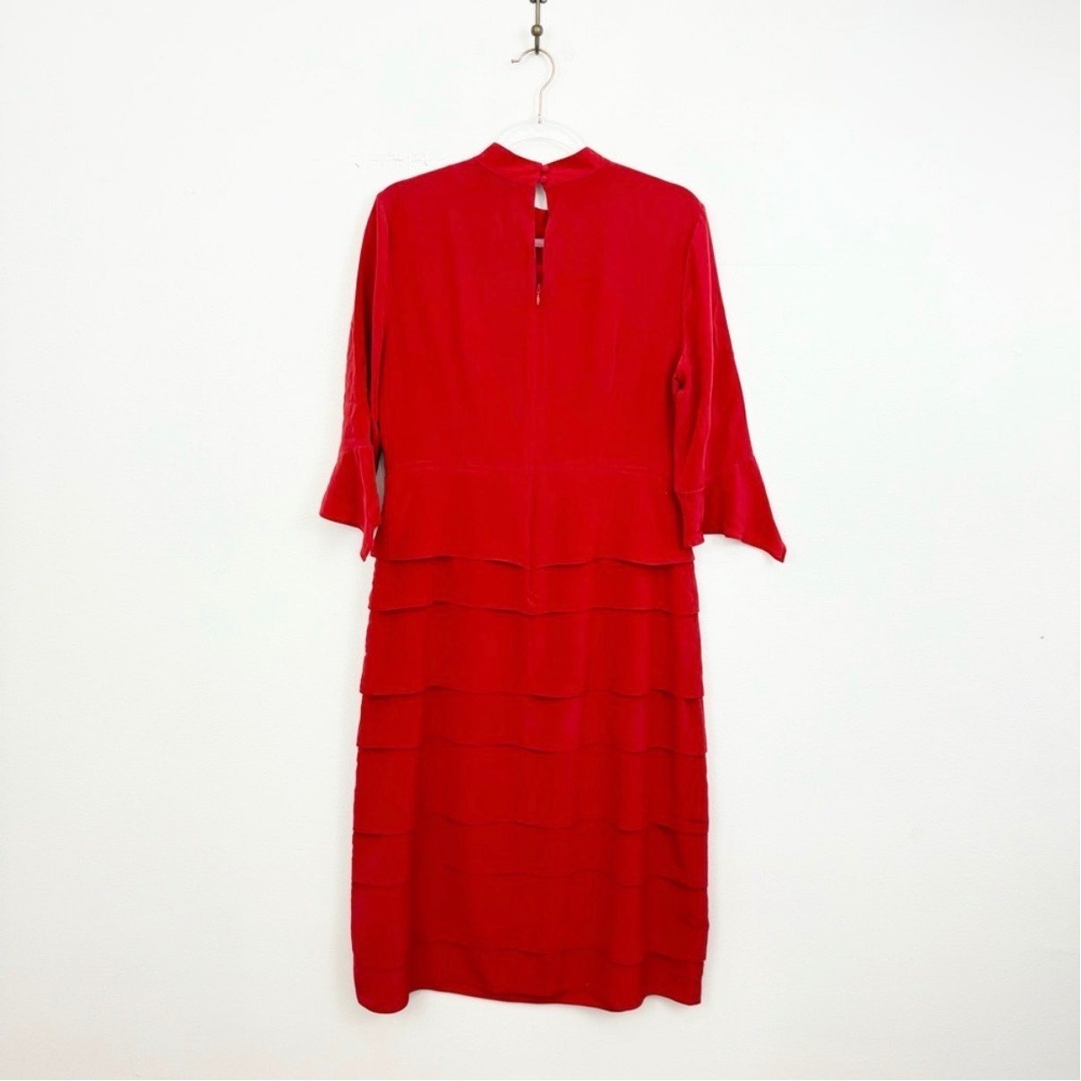 Iris & Ink Red Silk Tiered Midi Dress Size 14 Mock Neck Elegant Occasion