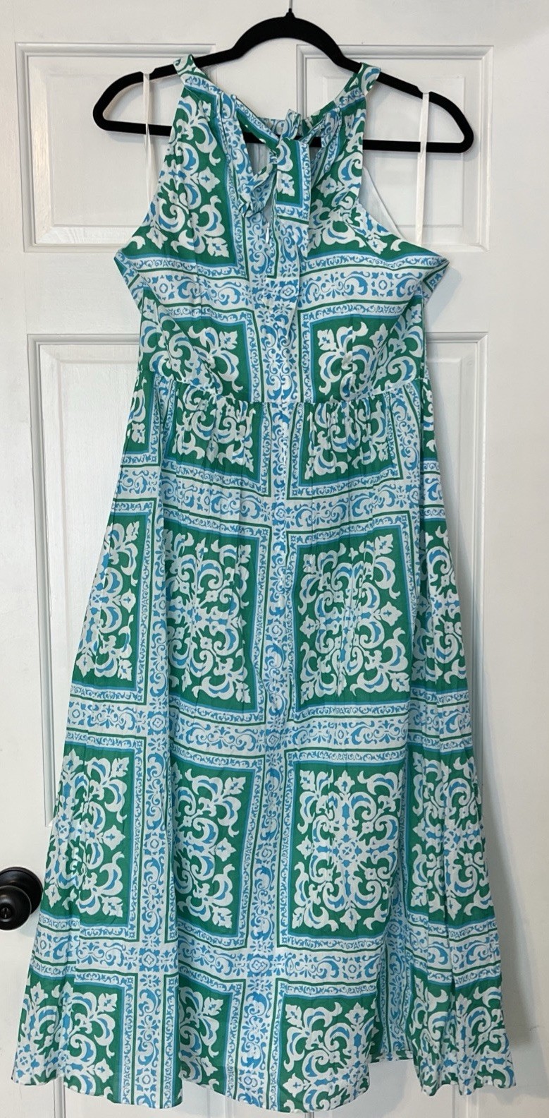 Talbots Maxi Dress 10P Green Blue Halter Medallion Fit Flare Preppy Resort Beach