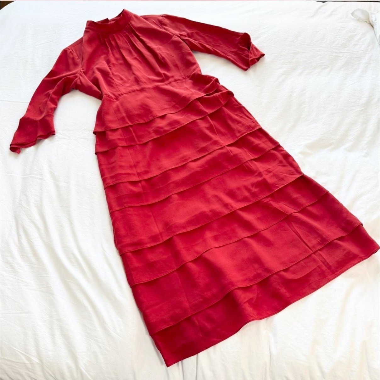 Iris & Ink Red Silk Tiered Midi Dress Size 14 Mock Neck Elegant Occasion