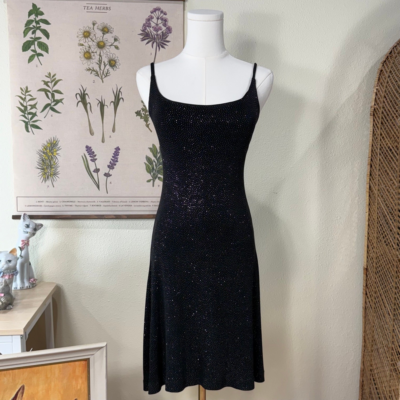 Vintage 90s Y2k Black Glitter Stretch Dress Party Sexy Gothic Witchy Bimbo M