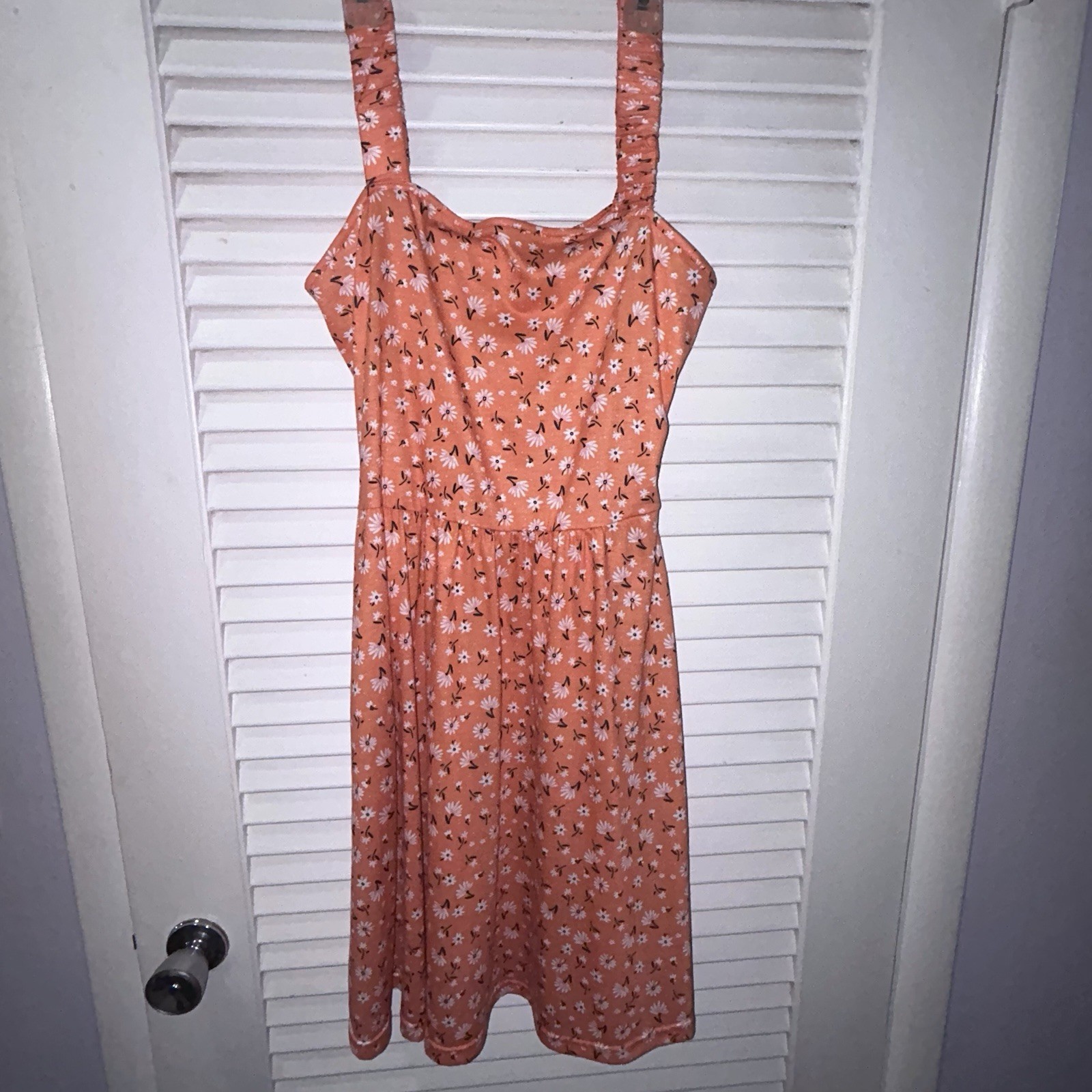 Women’s M Cute Orange Floral Daisy Midi Spring Summer Dress with Pockets
