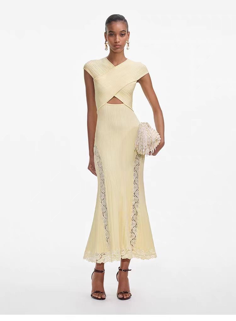 Self-Portrait Lace patchwork V-neck cut-out long knitted Dresses