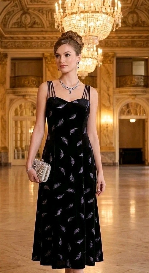 Y2K Another Thyme Vintage Black Velvet Silver Metallic Design Midi Dress Sz 14