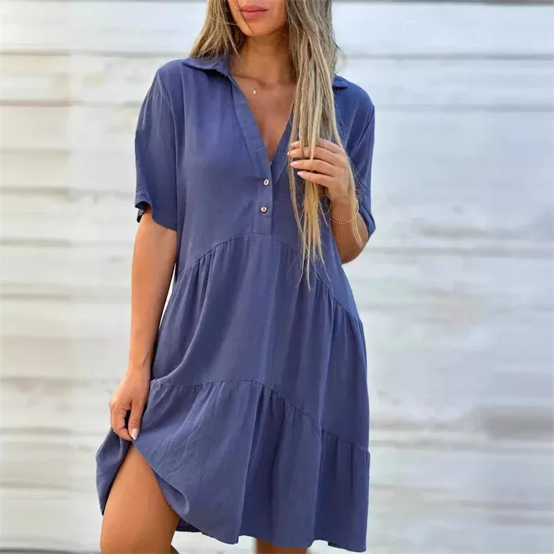 Women Cotton Linen Solid Dress Lapel Button Short Sleeve Casual High Waist Dress