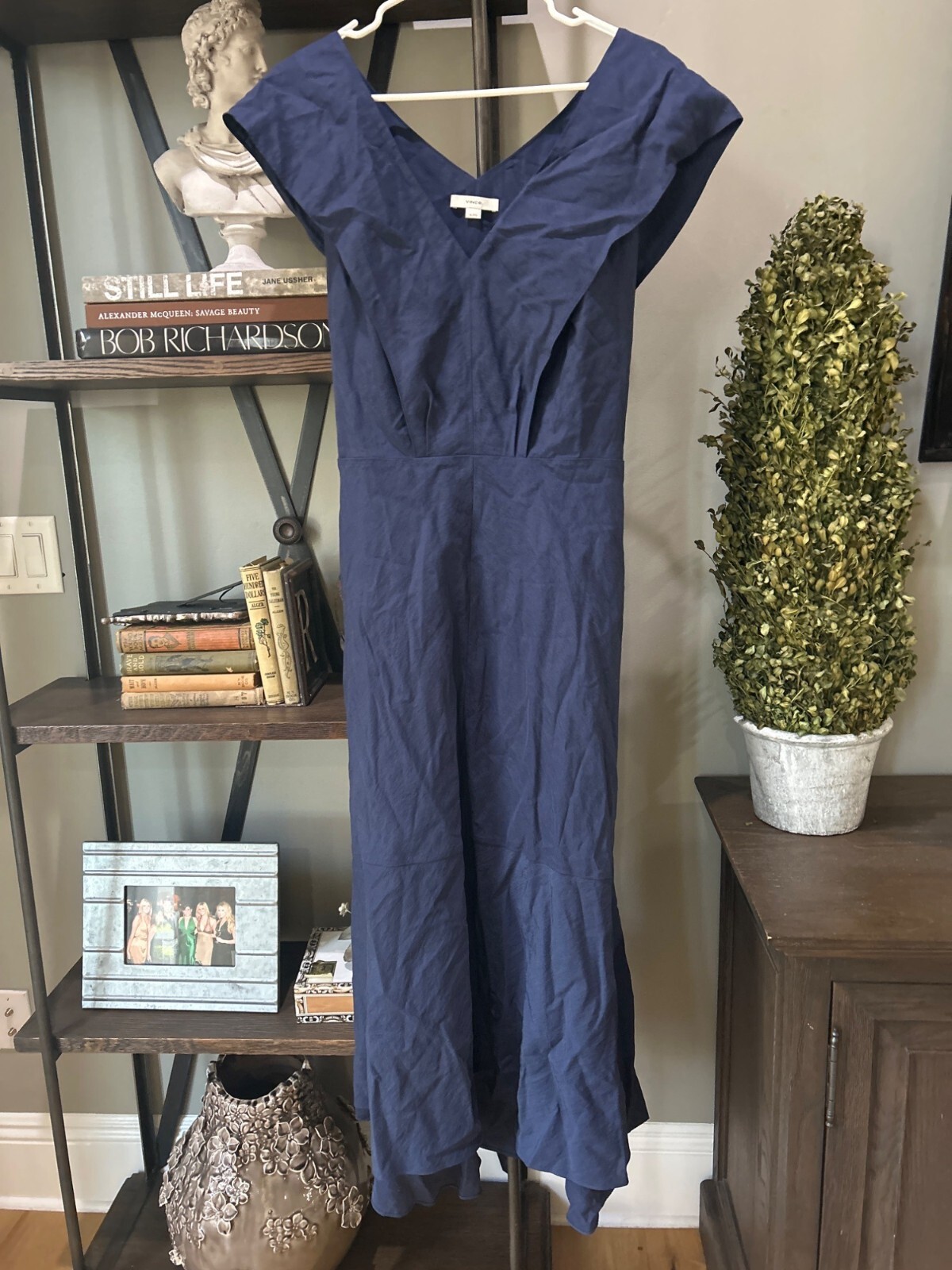 Vince V Neck Tie Back Flutter Sleeve Midi Dress Twilight Blue Womens Size XL