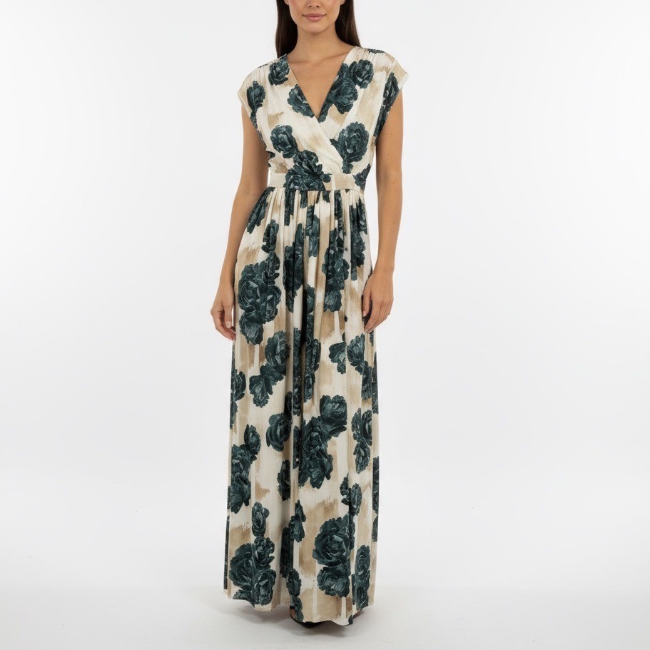 Christina Economou Floral Maxi Dress V Neck Cap Sleeve Empire Waist SIze 0