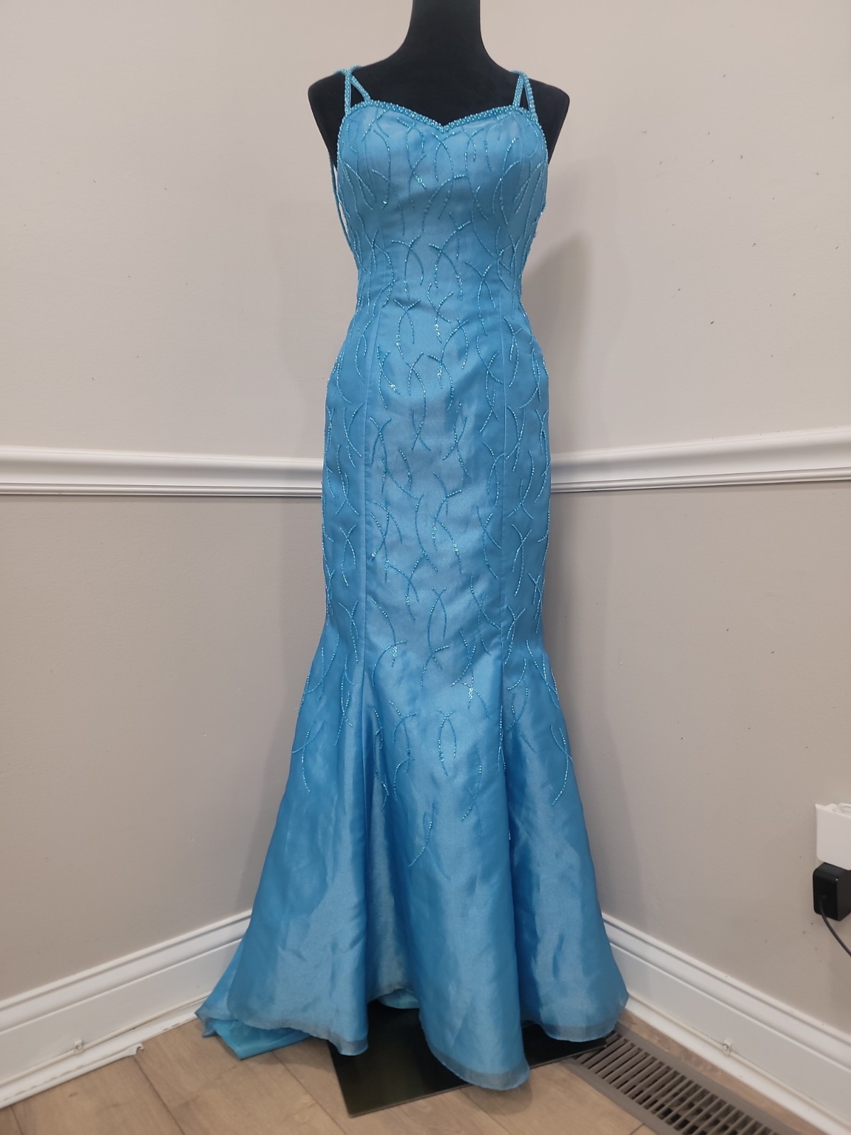 VTG Y2K Alyce Designs Turquoise Beaded Mermaid Prom Evening Gown Size 8