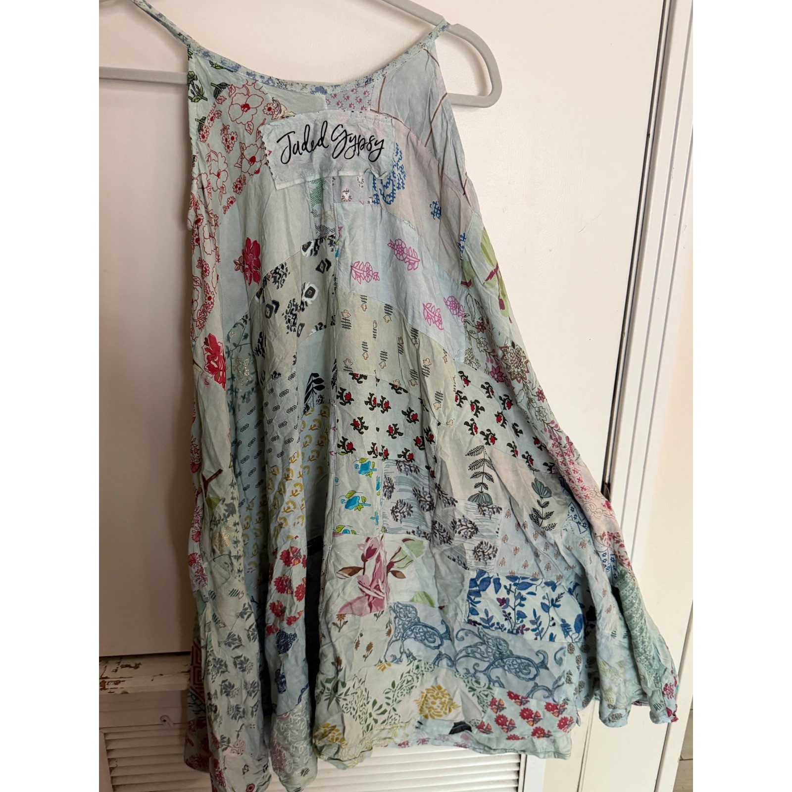 S/MJaded Gypsy Patchwork Mini Dress Blue Floral Tie Festival Boho NWT COTON