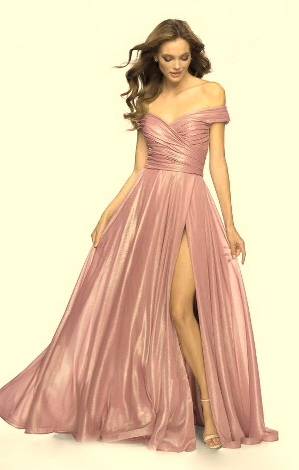 La Femme Pink Metallic Iridescent Off the Shoulder Chiffon Gown Size 16 $608