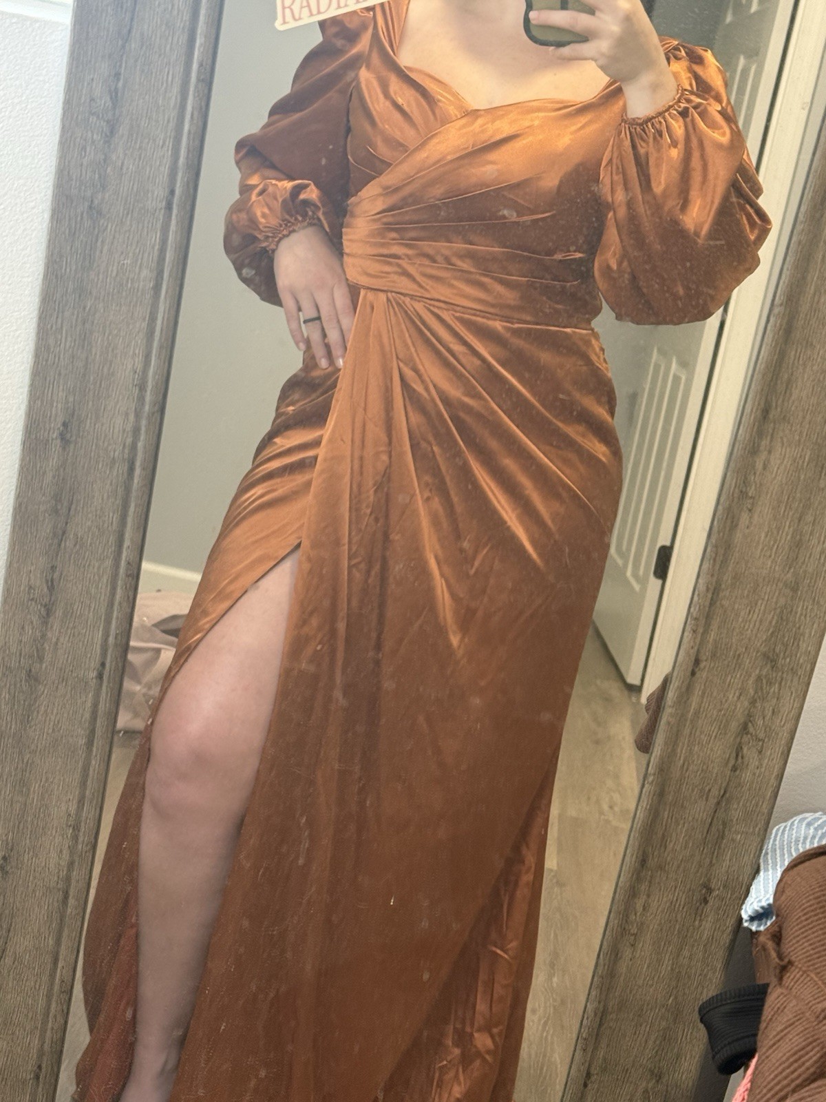Women’s Brown Satin Maxi Dress M Long Sleeve Sweetheart Ruched Lace-Up Slit