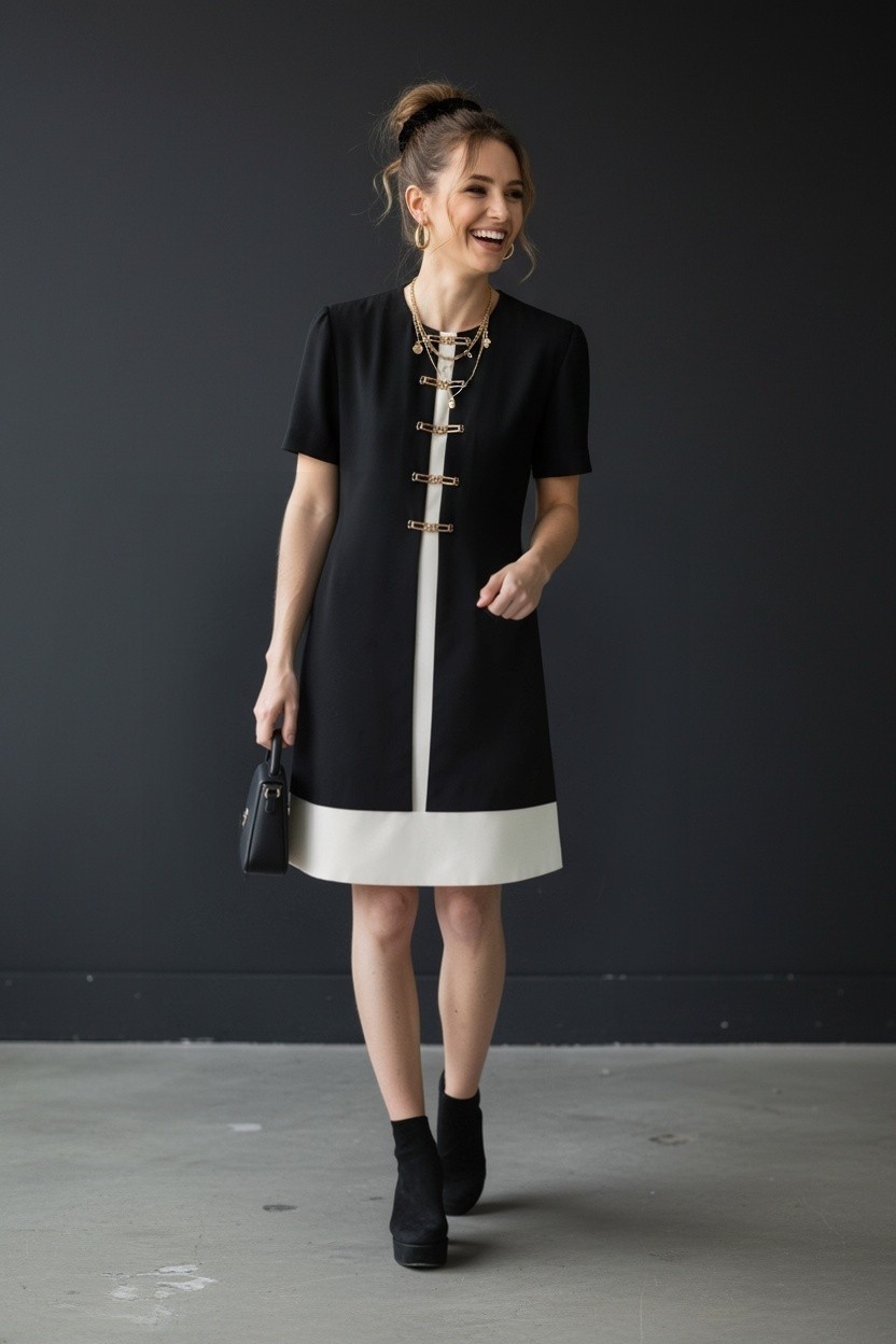 Vintage Evan-Picone Dress 4 Black White Column Sheath Gold Chain Hardware 1990s