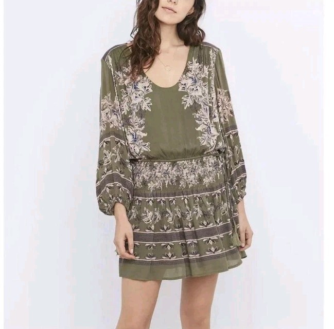 Free People Moonlight Drive Olive Mini Dress Floral Damask Boho Shirred Size XS