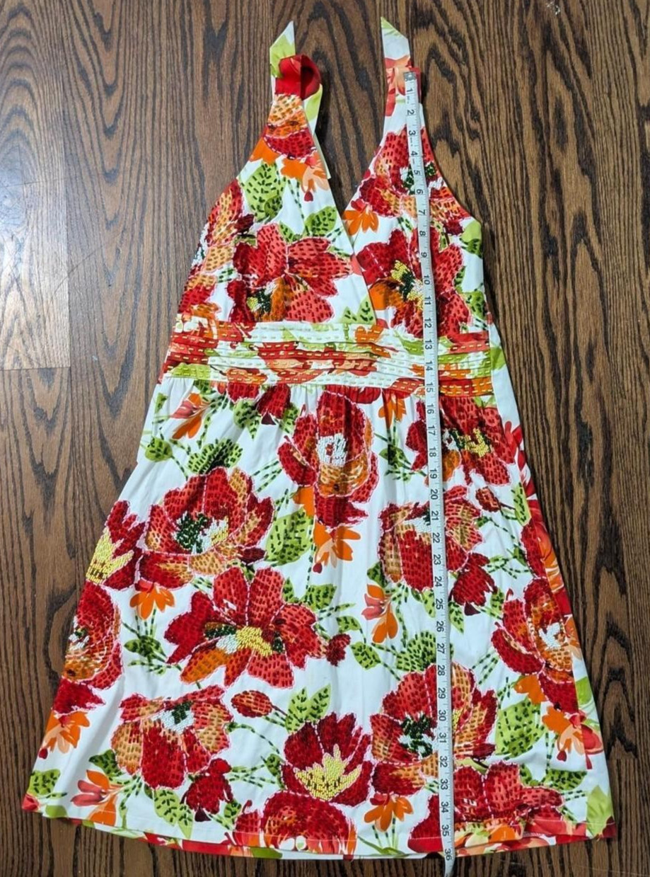 🍊 Vibrant Tropical Floral Halter Mini Summer Sundress w Beaded Embroidery