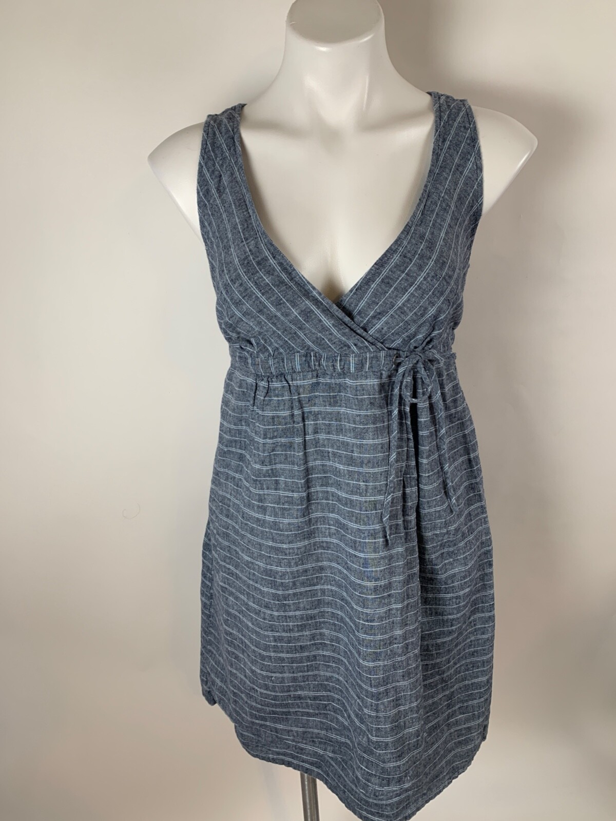 Patagonia Denim Chambray Striped Empire Faux Wrap Dress 6 Hemp Organic Cotton