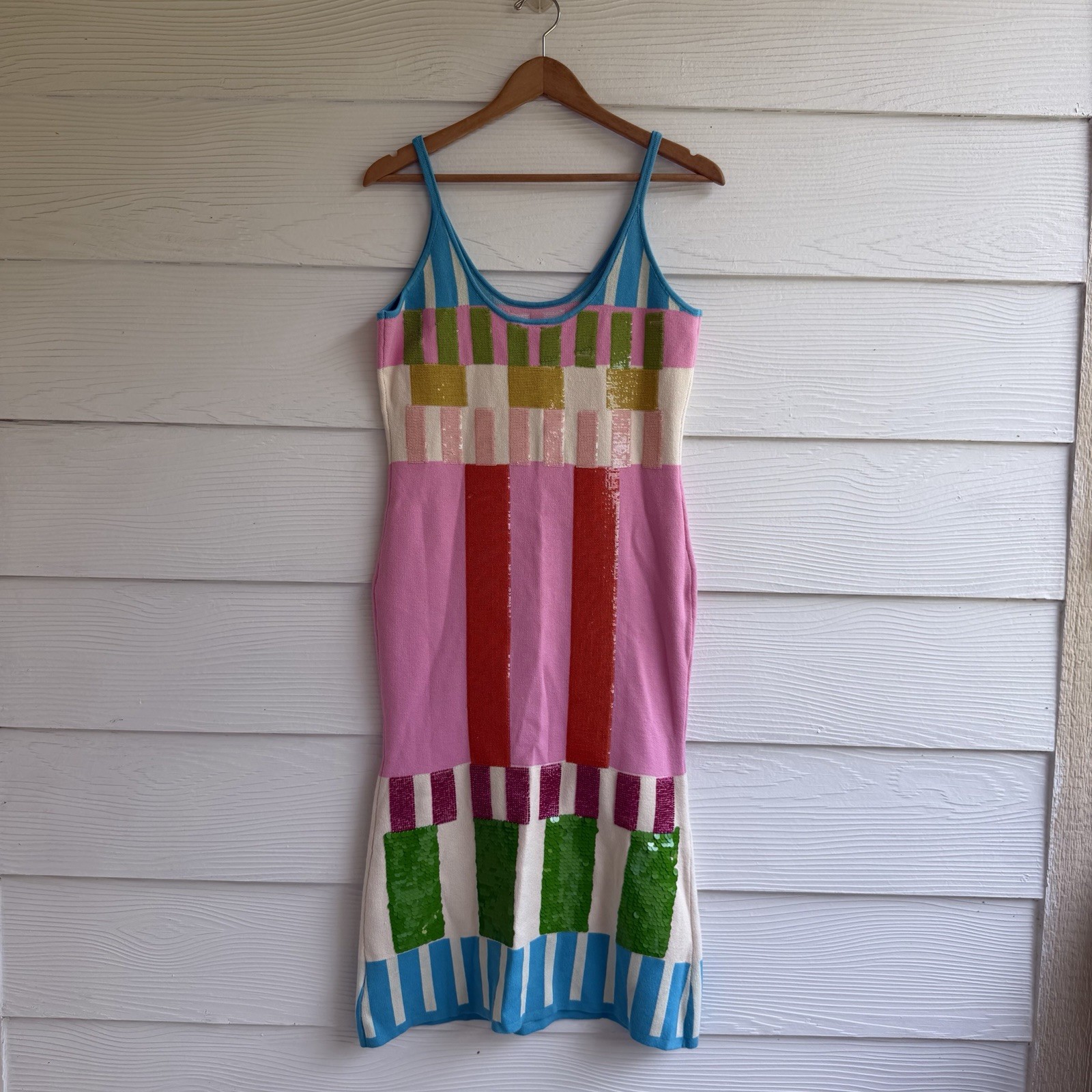 Queen Of Sparkles Colorblock Sequined Stripe Knit Midi Dress Size S Beaded