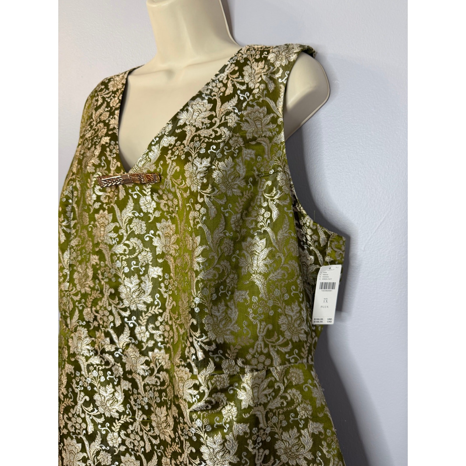 Maeve Sleeveless Brocade Shift Mini Dress Cocktail Green Gold Women’s 1X New
