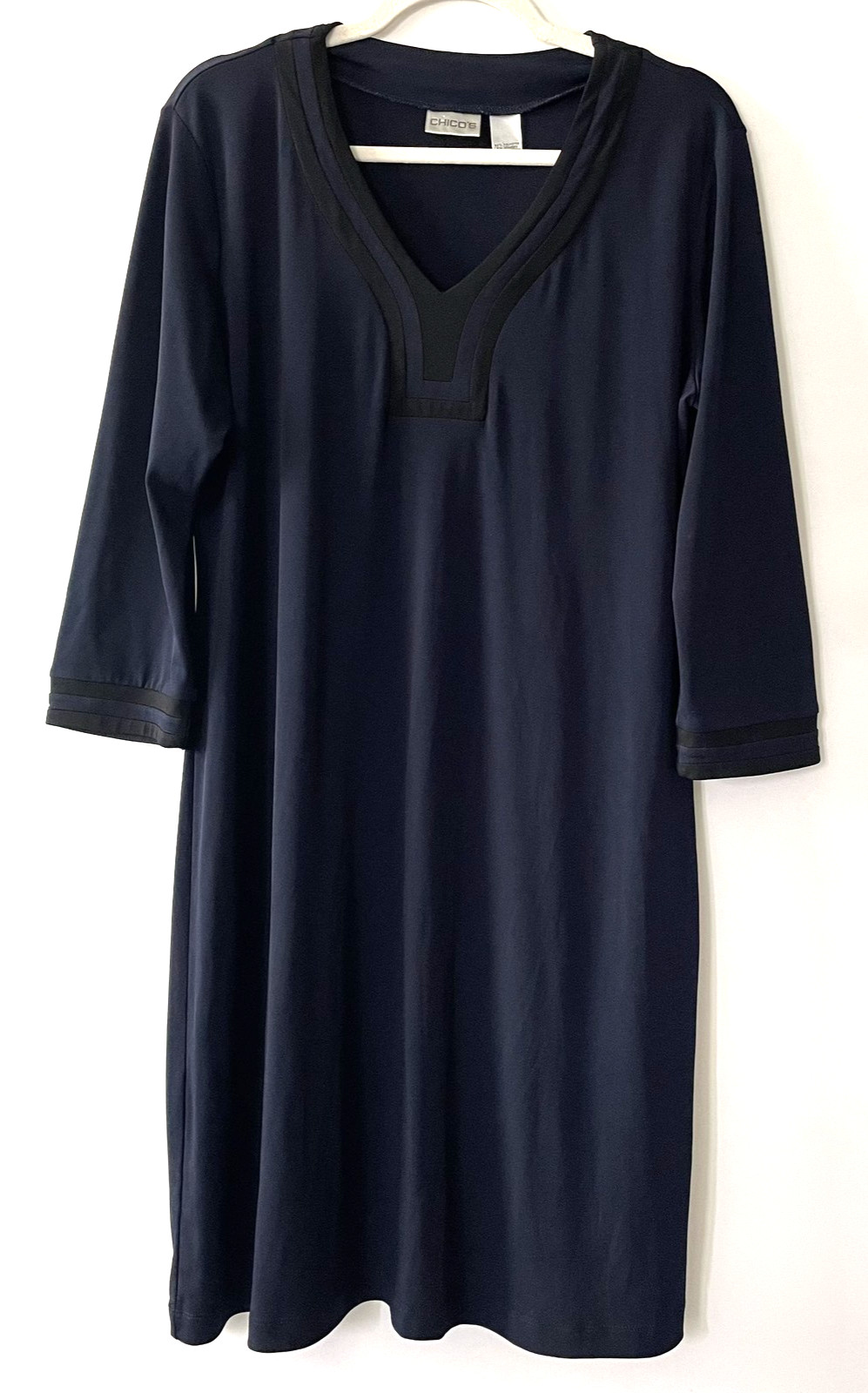 Chico’s Navy Blue V-Neck Shift Dress 3/4 Sleeve Knee Length Size 2, L -C