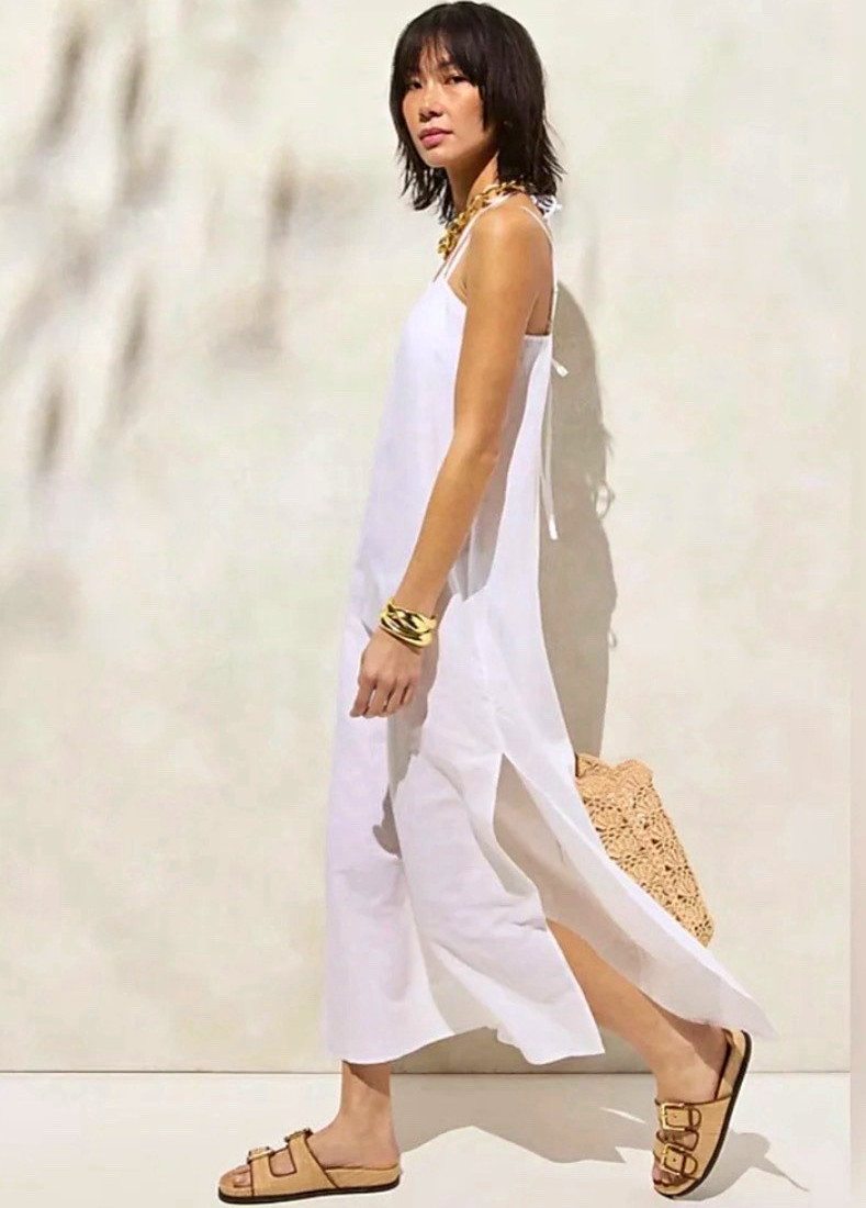 J.CREW White Linen Maxi Dress Long Square Neck Strappy Tie Back Size M