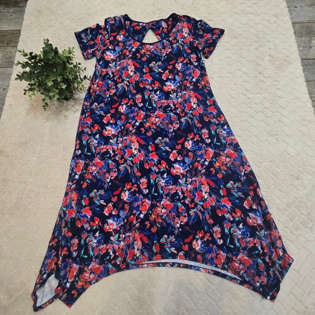 Cuddl Duds Flexwear Blue Floral Swing Cozy Dress, Size Medium