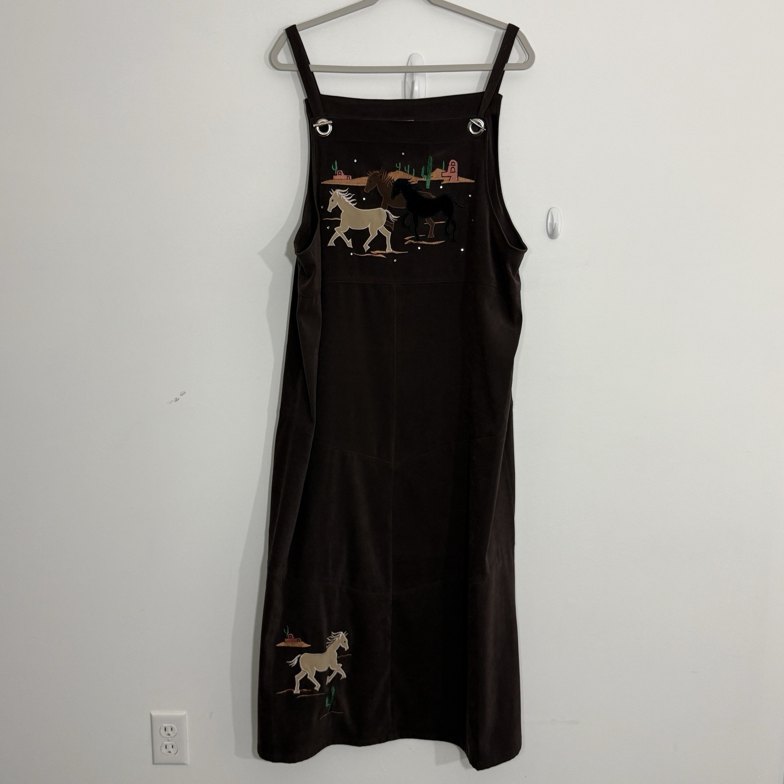 Quacker Factory Womens Dress 20W Brown Horse Embroidered Overall Equestrian
