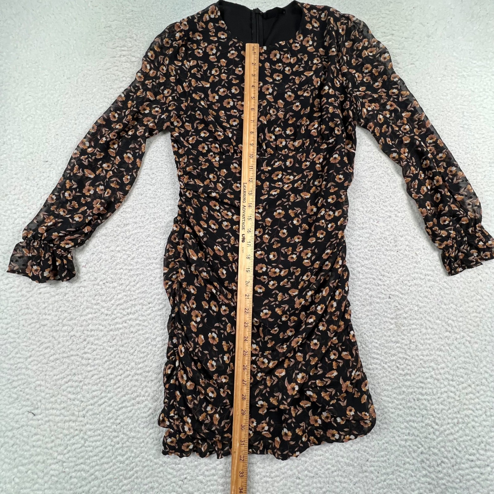 Storia Floral Print Long Sleeve Mini Dress Large Black Brown Ruched Ruffle