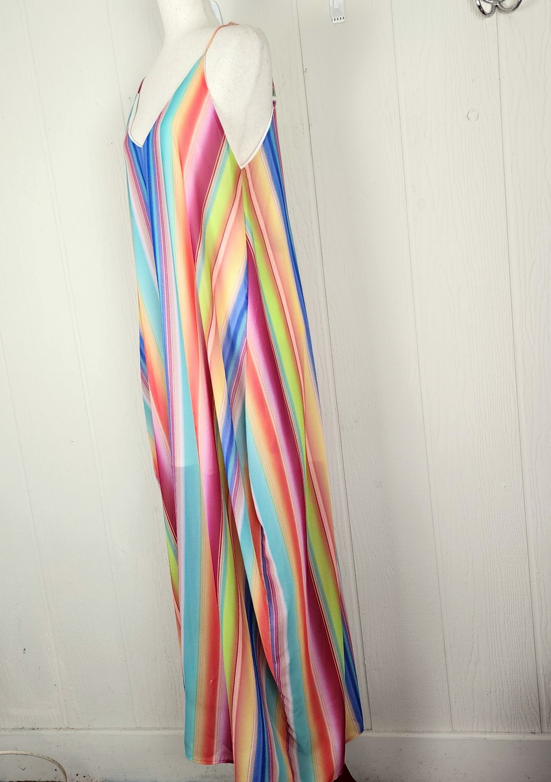 Fantastic Fawn Rainbow Strap Maxi Dress Size L Boho Pockets Lined Sundress Strip