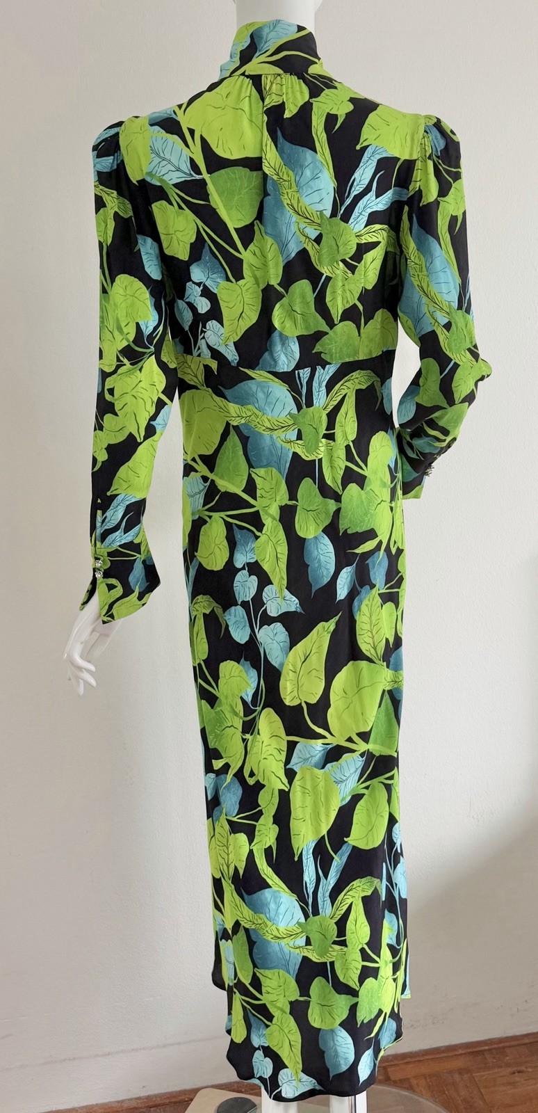 Husk Maxi Dress Green Black Leaf Rare Print Long Sleeve Pussy Bow Size AU 8 S