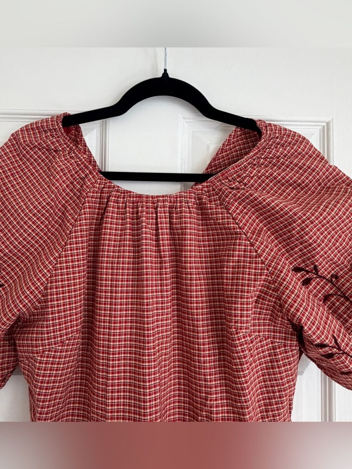 Madewell NWOT Red Gingham Embroidered Puff Sleeve Bow Back Midi Dress Size 10